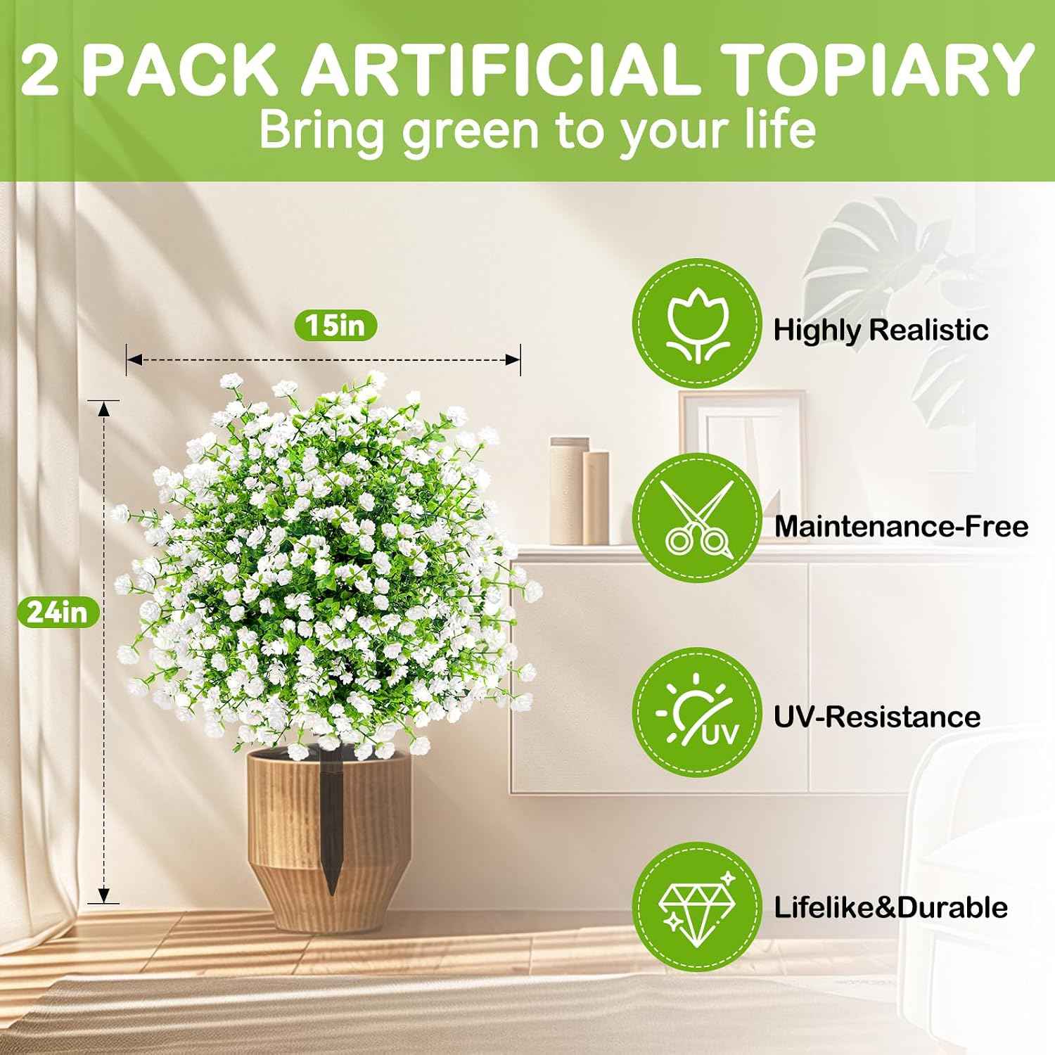 ENVEN White Artificial Flowers for Outdoors, 2 Pack | UV Resistant | 63-Stem Fake Greenery Bushes with Ground Stakes for Garden, Porch, Patio Decor (White Green)