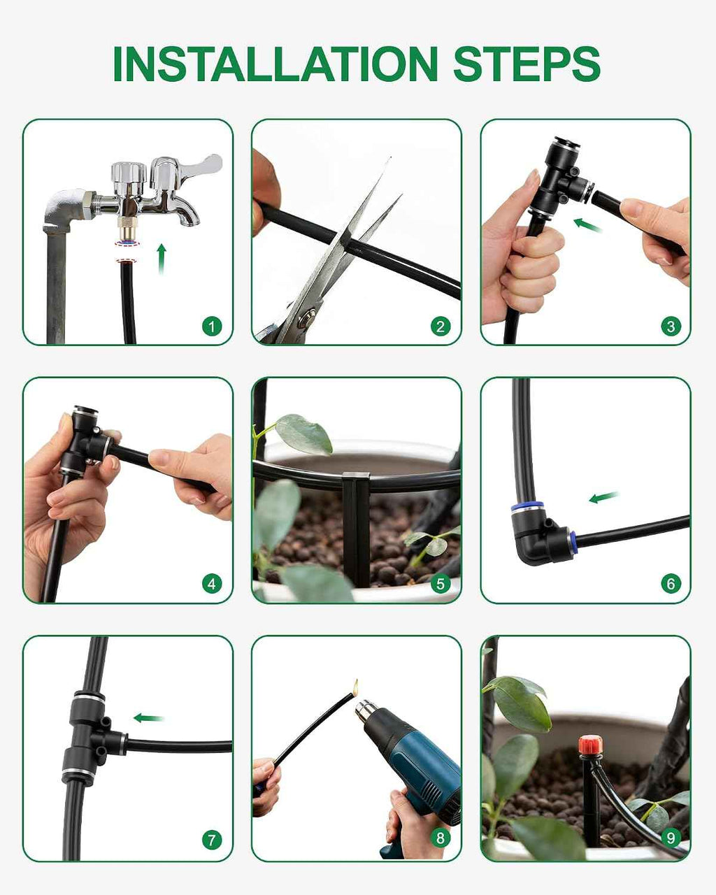 Drip Irrigation System for Garden, 180FT Tubing | Auto watering system with 1/2" & 1/3" tubing, dual faucet, adjustable nozzle emitters. For greenhouse, lawn, potted plants