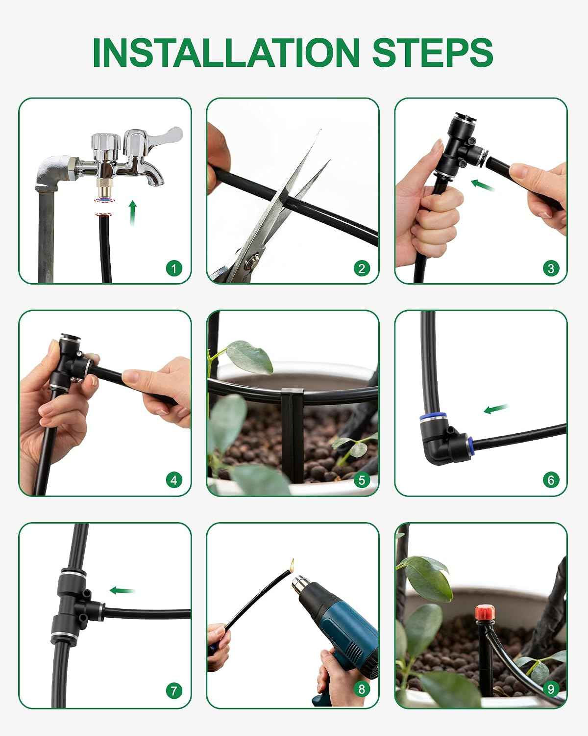Drip Irrigation System for Garden, 180FT Tubing | Auto watering system with 1/2" & 1/3" tubing, dual faucet, adjustable nozzle emitters. For greenhouse, lawn, potted plants