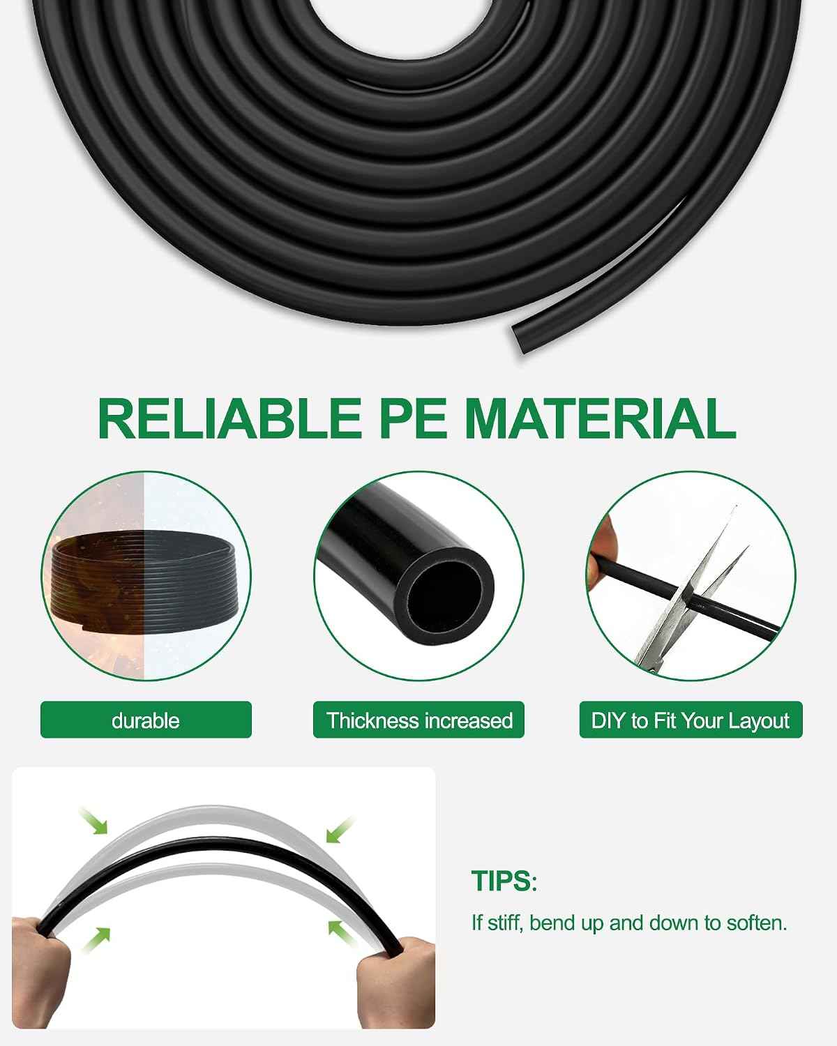 Drip Irrigation System for Garden, 180FT Tubing | Auto watering system with 1/2" & 1/3" tubing, dual faucet, adjustable nozzle emitters. For greenhouse, lawn, potted plants