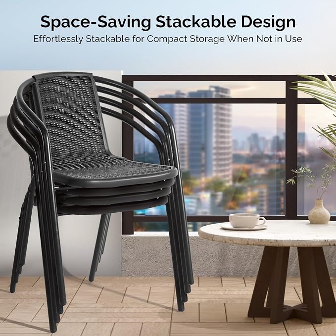 VINGLI PE Rattan Outdoor Dining Chairs Set of 2, Plastic Stackable Patio Chairs - Image 4