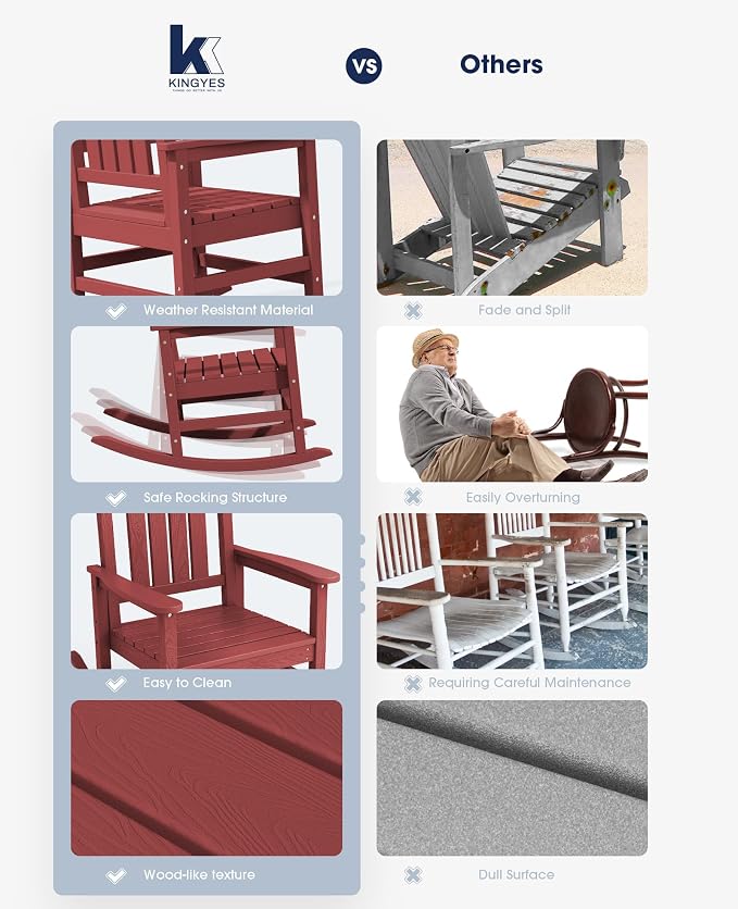 KINGYES HDPE Outdoor Rocking Chair Set of 4, All-Weather Poly Patio Rocking - Image 5