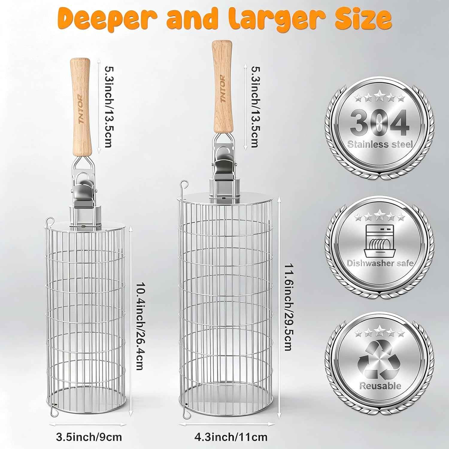 TNTOR Rolling Grill Basket, Larger 304 Stainless Steel Nesting Grilling Net, Removable Handle, BBQ Accessories Tools for Veg Shrimp, Outdoor Cooking Camping Father's Day grilling gifts for men Dad