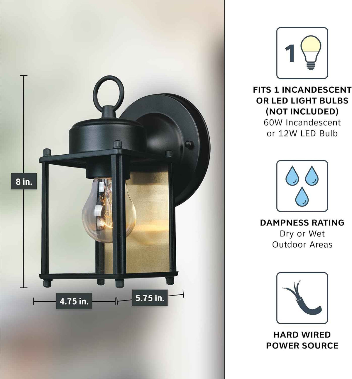 DESIGNERS FOUNTAIN Preston Outdoor Light Fixture, 8 Inch Exterior Wall Lantern Sconce for Front Door, Patio and Porch, Black, 1161-BK