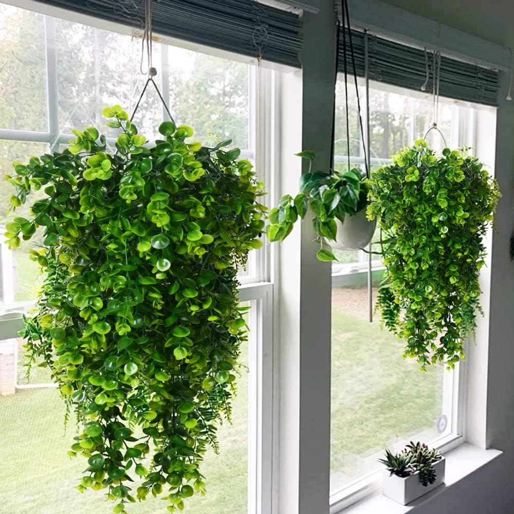 2pcs Artificial Hanging Plants Fake Hanging Plant Faux Eucalyptus Leaf Greenery Vine Outdoor UV Resistant Plastic Plants (2, Green)