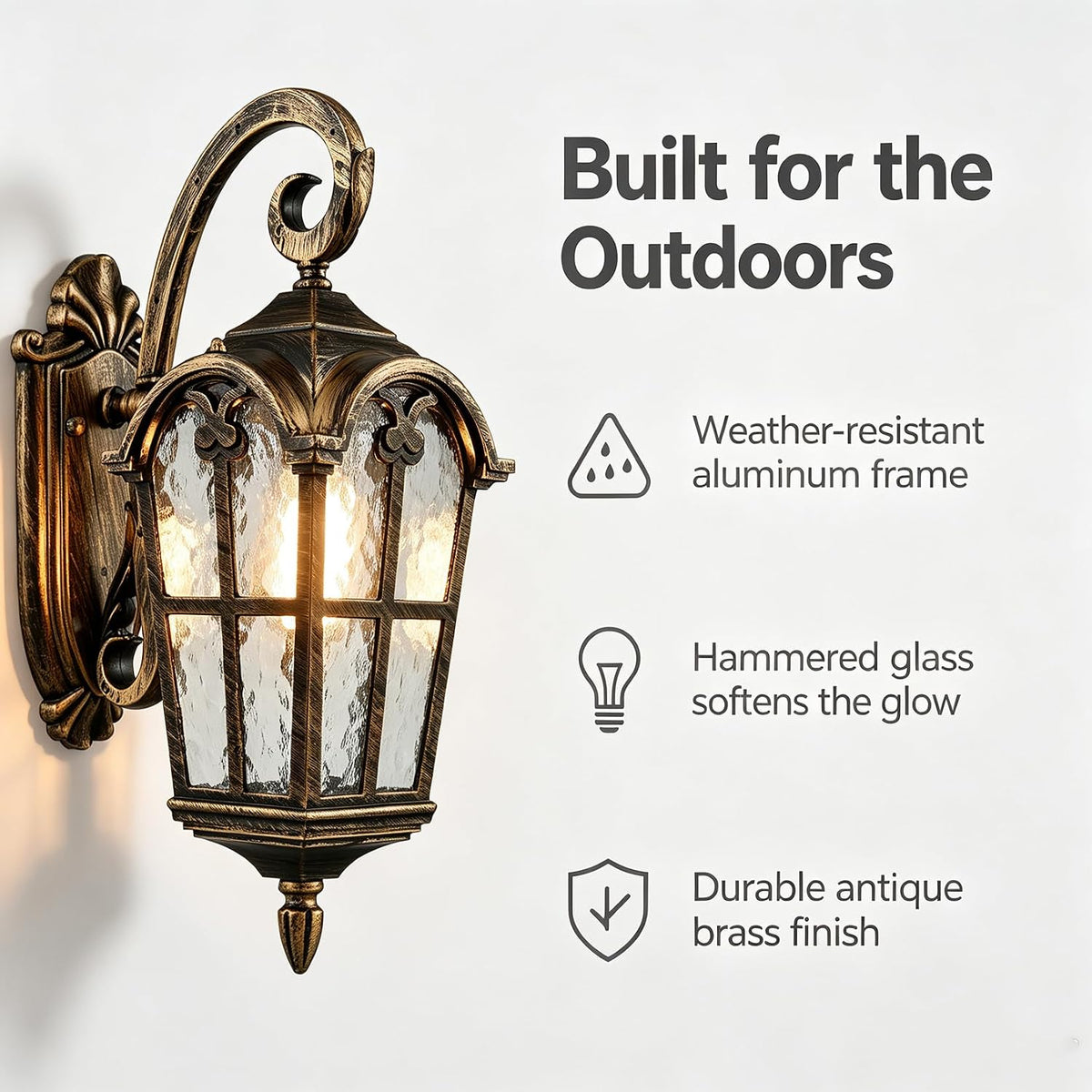 YUBOLE Outdoor Wall Lights Waterproof Wall Sconce Hammered Texture Glass | Exterior Wall Lantern for Front Porch Patio Garage Weather Resistant, Antique Brass