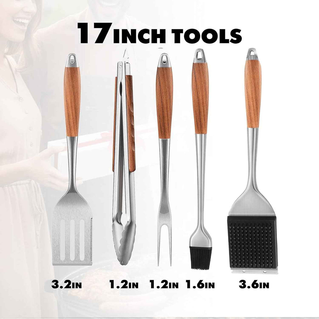 Grill Utensils Set with Rosewood Handle, BBQ Accessories Tools Set of 5 | Grilling Tongs, Spatula, Fork, Oil Brush, Cleaning Brush - Grilling Tools Set for Outdoor