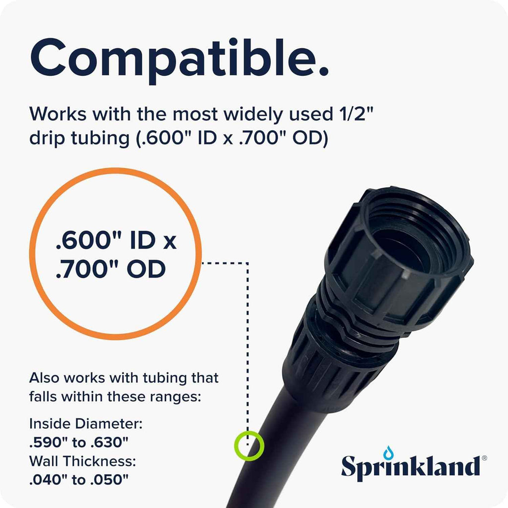 Sprinkland® 1/2” Drip Tube Faucet Adapter | Fits Garden Hose | Made in USA | Fits 5/8” Drip Tubing (.600” ID x .700” OD), Compatible with Rain Bird, Orbit, DIG & Toro, Reusable Quick Lock Connector