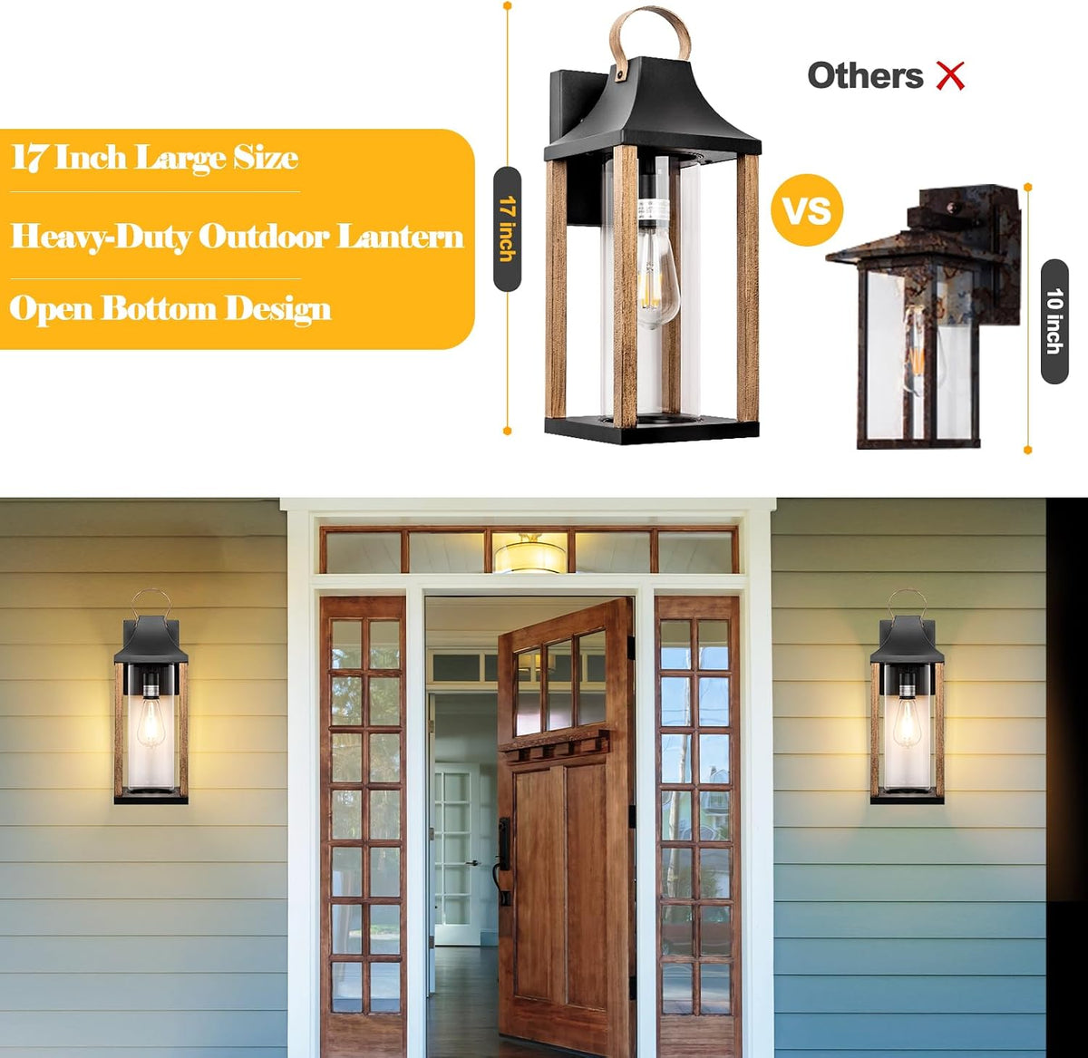 Outdoor Wall Light Rustic Wood Cylindrical Glass 17” Large | 1 Pack Exterior Wall Sconce, Farmhouse Porch Light Fixture Outside IP65 Waterproof, Patio Porch Courtyard, ETL List