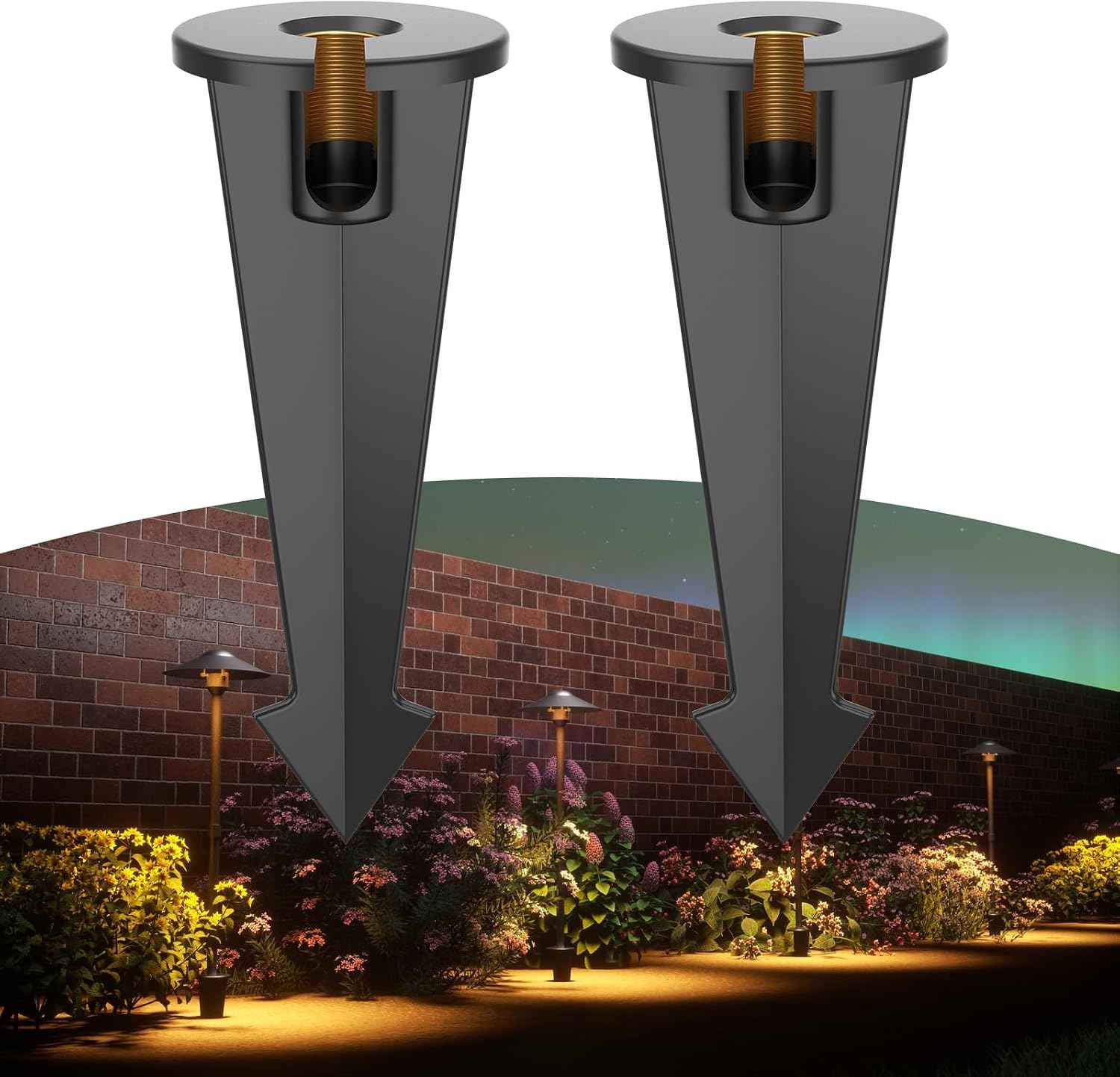 Landscape Lighting Stakes Replacement, Outdoor Light Stakes, 1/2 NPT Female Thread, 9.5" Ground Light Spikes with Brass Thread, Garden Yard Stake for Pathway Walkway Lights Spotlights 2PCS