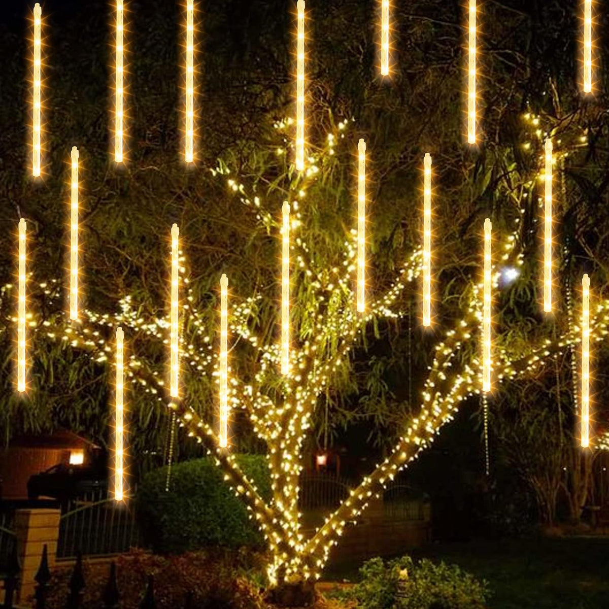 TW SHINE Christmas Meteor Shower Lights Outdoor, 864 LED 12" 24 Tubes Waterproof Christmas Lights Outdoor Plug in, Snow Falling Rain Icicle Xmas Light Decorations, Warm White