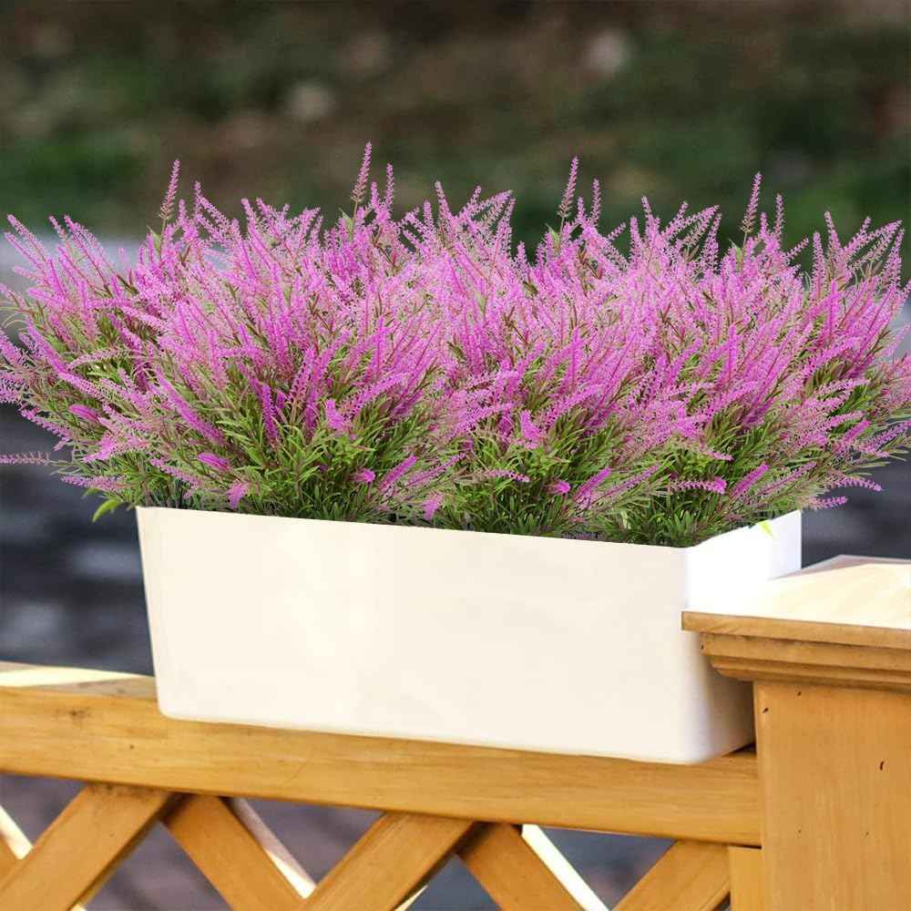 12 Bundles Outdoor Artificial Flowers Lavender Artificial Plants Fake Bushes Artificial Shrubs Greenery Plastic Outdoor UV Resistant Faux Lavender Purplish red