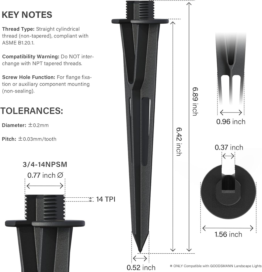 GOODSMANN 2PCS Metal Spikes Stakes with Male Thread 3/4-14NPSM 0.77IN for Low Voltage Landscape Lights Compatible with GOODSMANN Landscape Lights 9920-1838-02