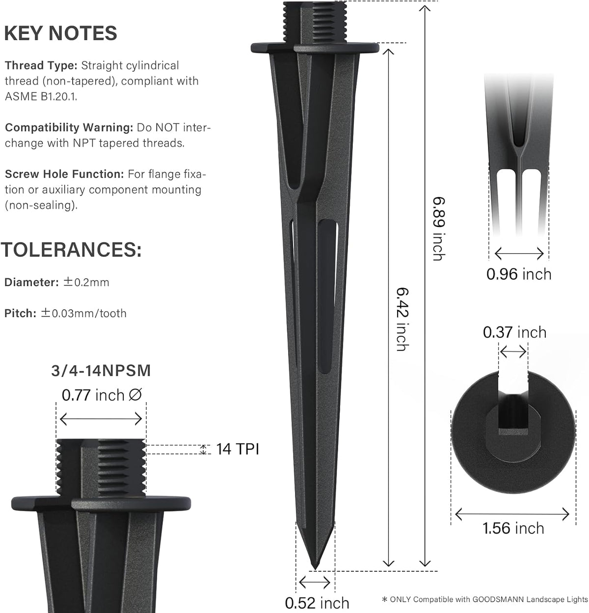 GOODSMANN 2PCS Metal Spikes Stakes with Male Thread 3/4-14NPSM 0.77IN for Low Voltage Landscape Lights Compatible with GOODSMANN Landscape Lights 9920-1838-02