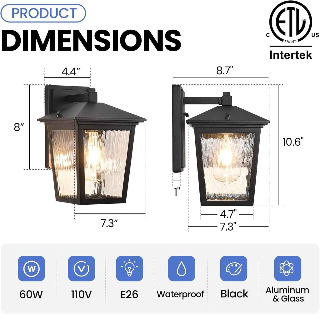 Black Outdoor Wall Sconce Anti-Rust Wall Light Fixture Water Glass