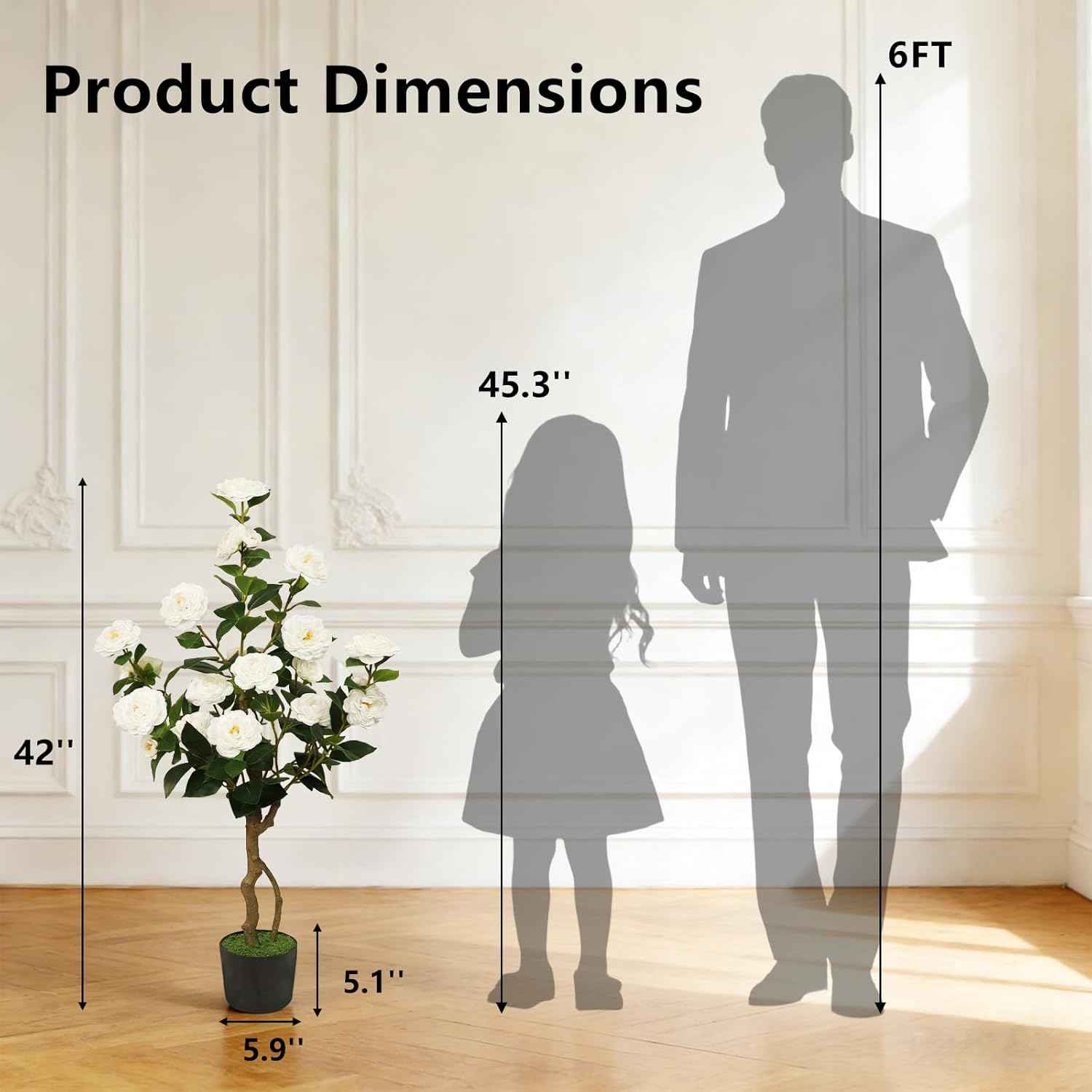 Artificial Camellia Tree 2 Pack, 42'' Faux Camellia Plant in Pot with 24 Blooming Flowers, Fake Greenery Potted Plant for Indoor Outdoor Home Floor Office Porch Decor (White)