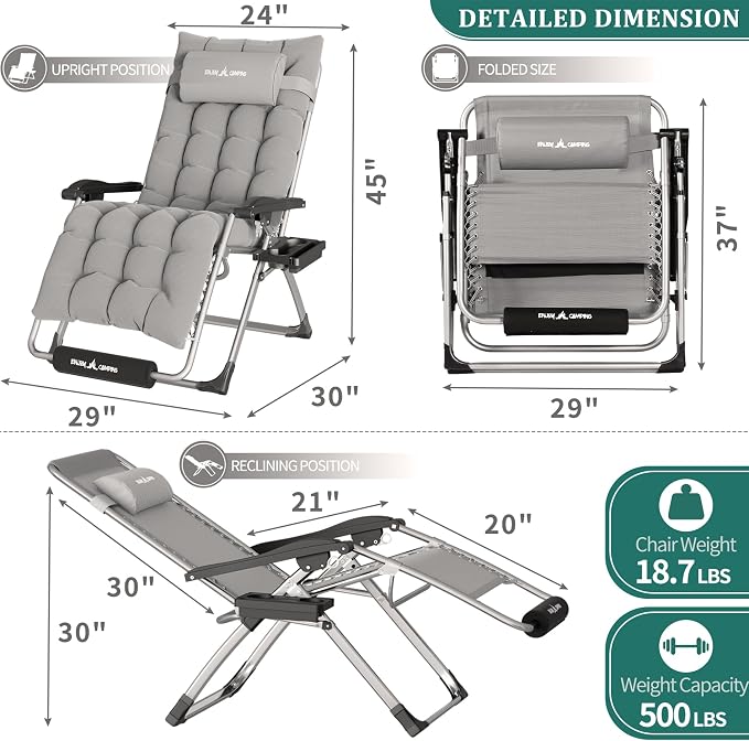 UDPATIO Oversized Zero Gravity Chair 33In XXL Patio Reclining Chair - Image 3