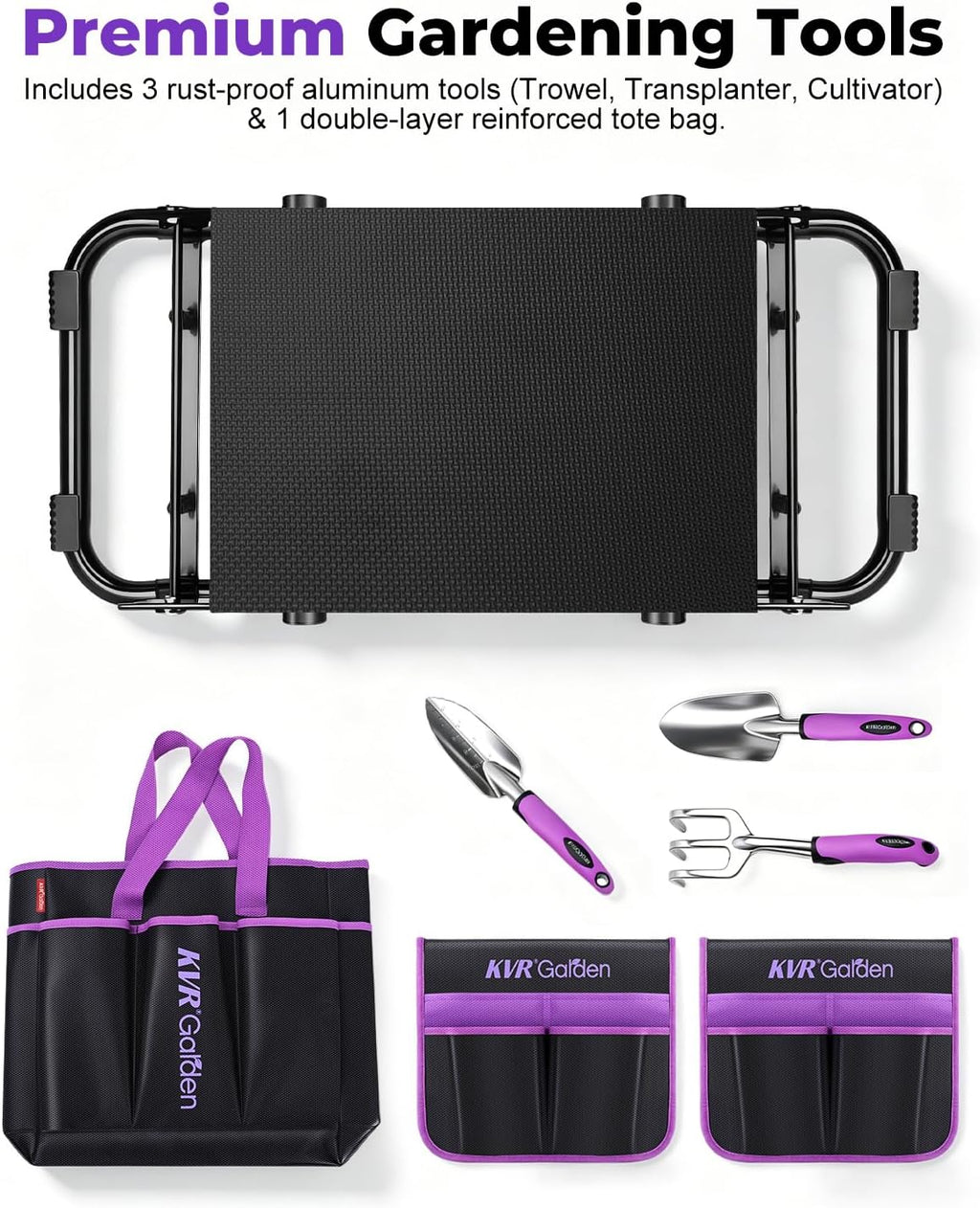 Garden Stool & Kneeler 7-Piece Set with 3 Aluminum Tools, Double-Layer Tote Bag & 2 Side Pouches - Foldable Gardening Bench Kit - Ideal Gifts for Women Mom Seniors (Purple)