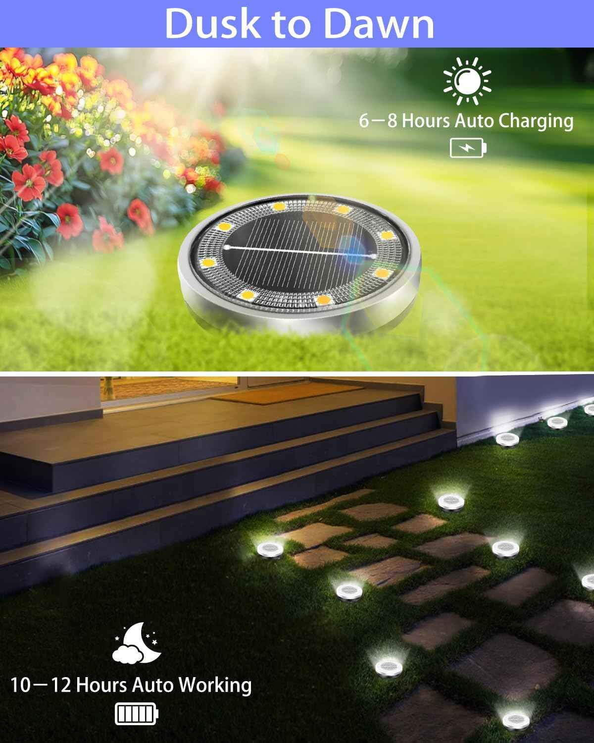 Solar Lights Outdoor Waterproof, 12 Pack 8 LED, Thickened Stainless Steel Ground Light, Solar Garden Lights Landscape Lighting for Patio Pathway Lawn Yard Deck Driveway Walkway, Cool White