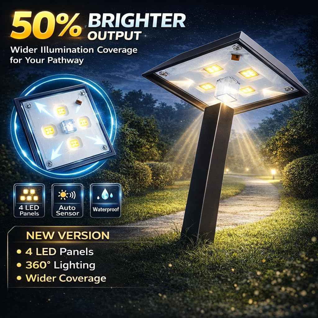 Super Bright 300 Lumens Solar Pathway Lights Outdoor, 2 Lighting Color Modes Warm White & Daylight, Waterproof Landscape LED Lighting for Walkway, Garden, Driveway, Yard – Easy Installation (4 Pack)
