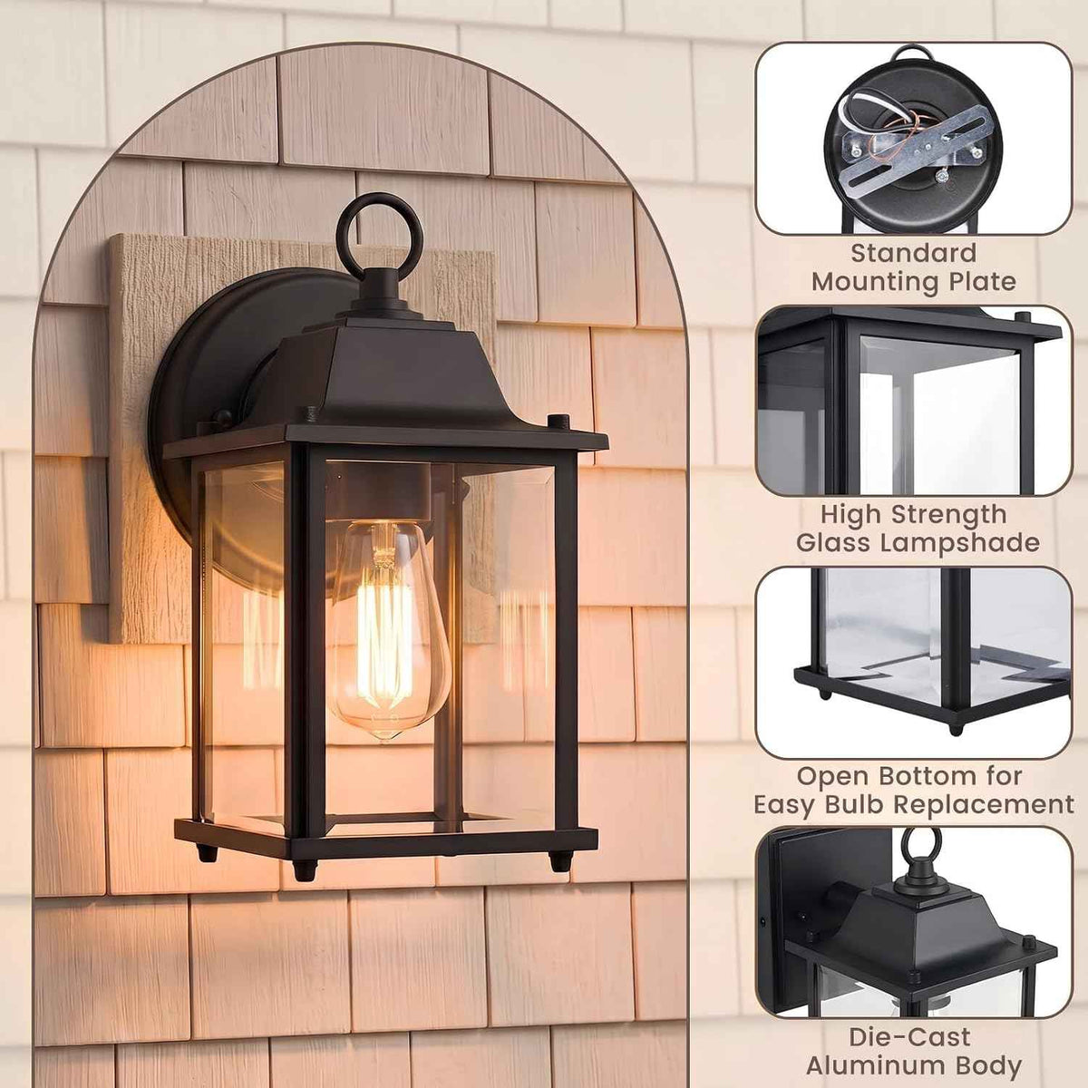 Outdoor Porch Light for House E26 Aluminum Glass, Black, 1 Pack | IP65 Waterproof Outdoor Wall Light Fixture, E26 Base 60W Max Exterior Wall Lantern Sconce for Front Door, ETL UL CSA Listed