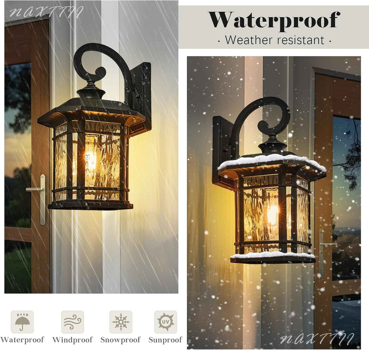 Outdoor Wall Lights Garage Outdoor Light Fixtures Waterproof Porch Light with Water Ripple Glass Black Finish E26 Socket Max 60W