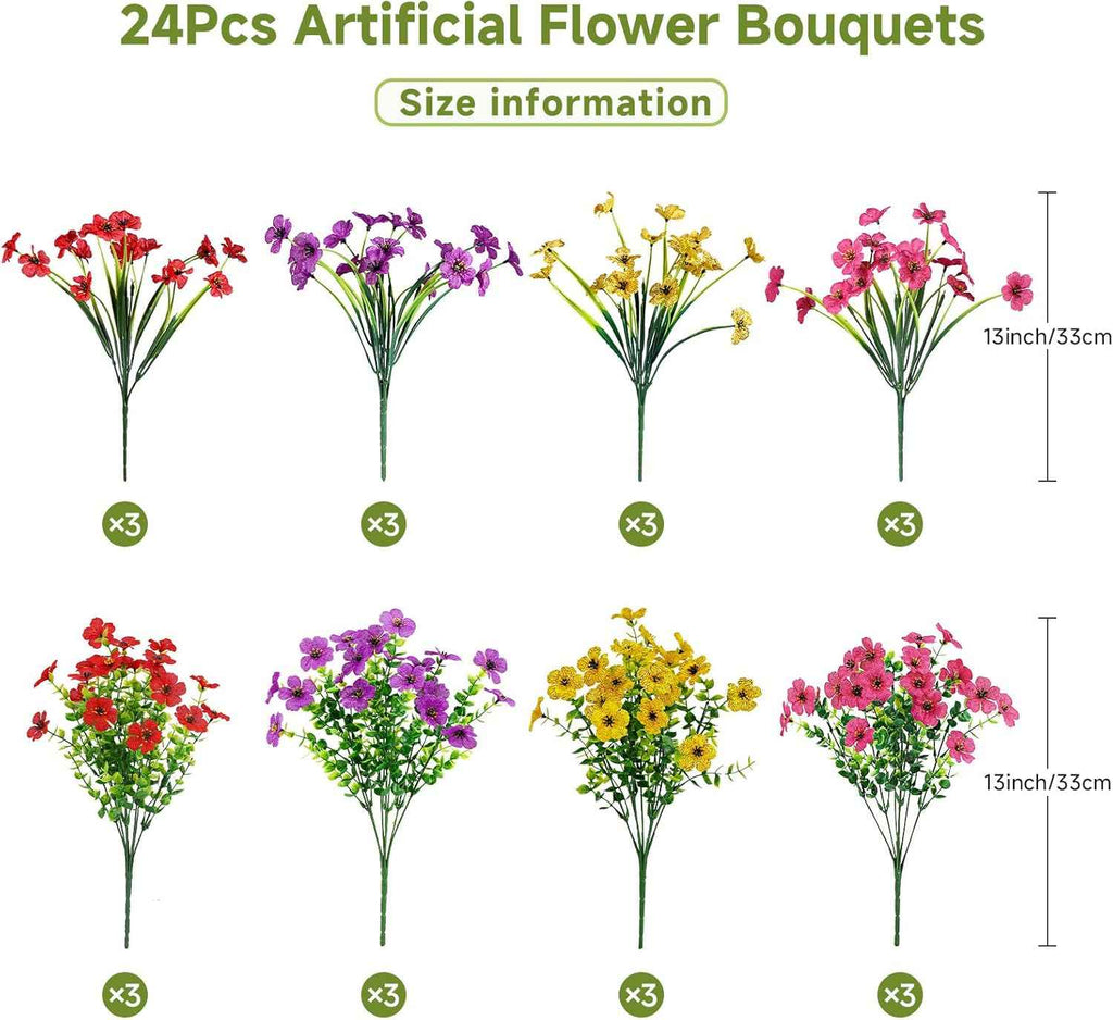 Alupssuc 24 Bundles Artificial Daisy Flowers UV Resistant for Outdoor Decor | Silk & Plastic, Spring Faux Plants Greenery, Bendable Stems, for Porch Patio Hanging Window Planter Yard Outside, 4 Colors