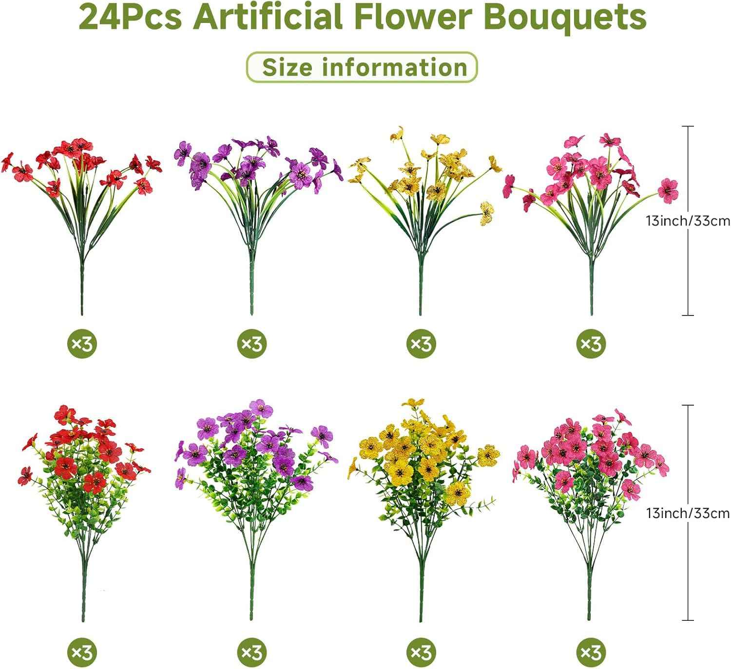 Alupssuc 24 Bundles Artificial Daisy Flowers UV Resistant for Outdoor Decor | Silk & Plastic, Spring Faux Plants Greenery, Bendable Stems, for Porch Patio Hanging Window Planter Yard Outside, 4 Colors