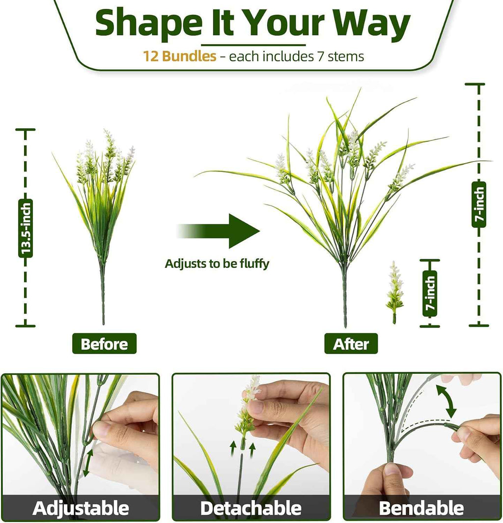 Faux Outdoor Plants, 12 Pack UV Resistant Artificial Greenery for Planters | Realistic & Full Fake Monkey Grass, Adjustable Stems, No Fade & No Watering, for Porch, Patio, Window Boxes & Garden