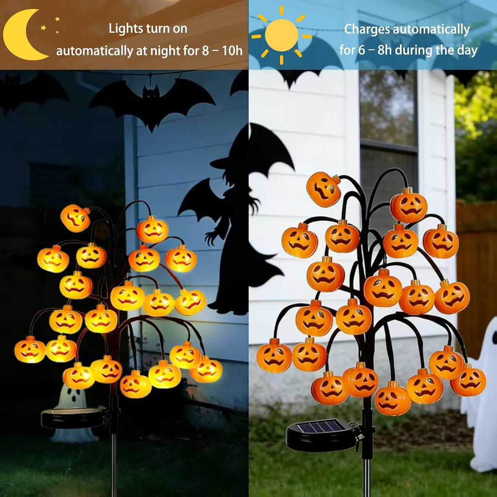 2PCS Solar Pumpkin Stake Pathway Lights, IP65 Waterproof Halloween Outdoor Decor with Steady On & Flash Lighting Modes，Solar-Powered Decor for Garden Yard Lawn Halloween Party (Yellow Pumpkin)