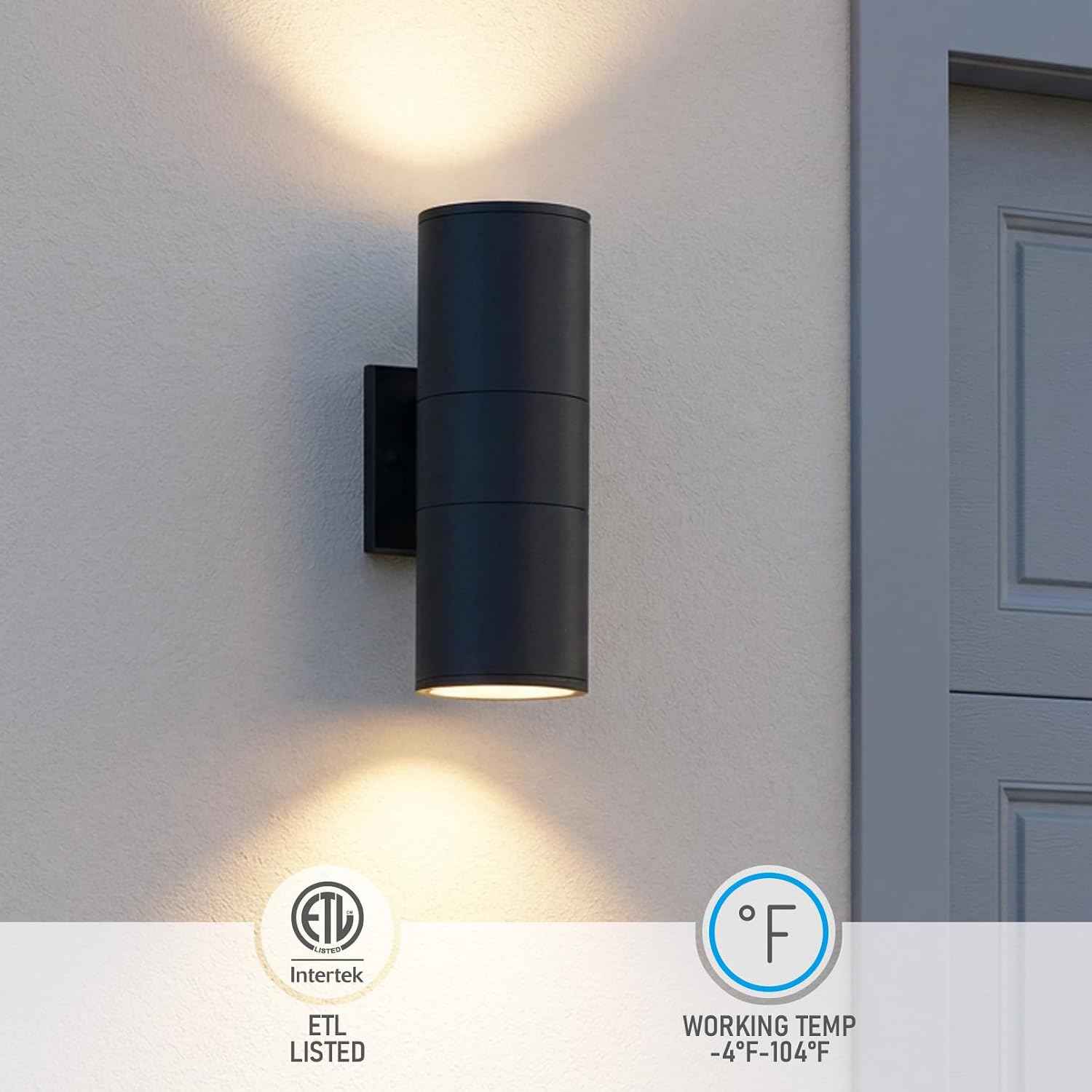 LEONLITE 2-Pack 12" Outdoor Cylinder Wall Light, Up and Down, E26 Base | Modern Porch Patio Lights, Waterproof Wall Sconce, Exterior Light Fixture Wall Mount, Aluminum, Matte Black, ETL Listed