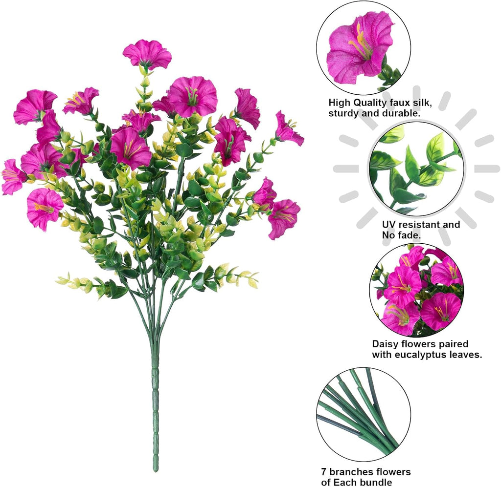 Artificial Flowers Fake Plants for Outdoors Decoration, 12 Bundles Silk Morning Glory with Eucalyptus Realistic UV Resistant Fuchsia Faux Flowers for Outside Planter Yard Patio Garden Home Indoor Urn