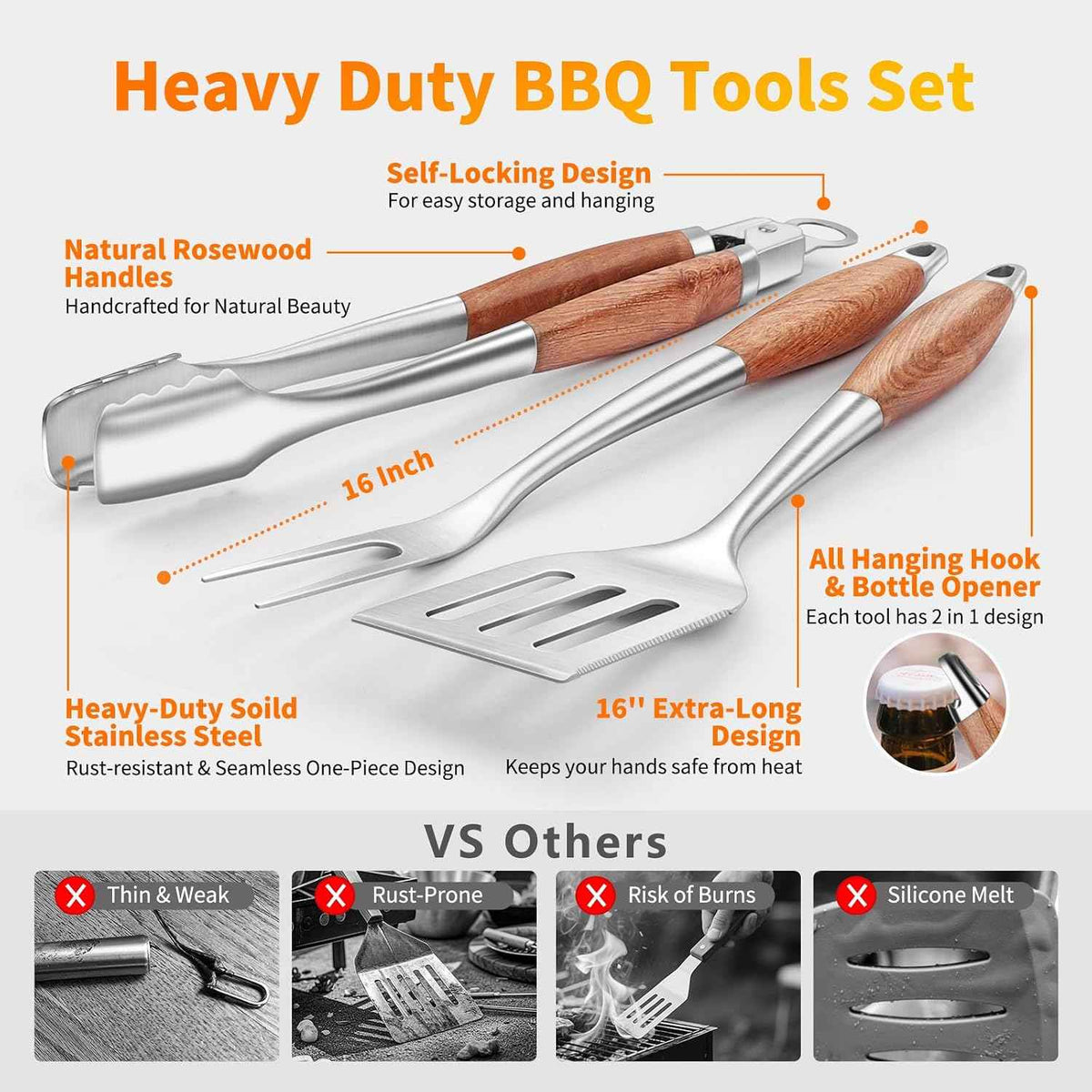 RIKOJUXI Heavy Duty Stainless Steel BBQ Accessories Tools Set Grill Gift | Grilling Gifts for Men Women Father BBQ Tools Grill Accessories for Outdoor Grill with Spatula, Fork, Tongs