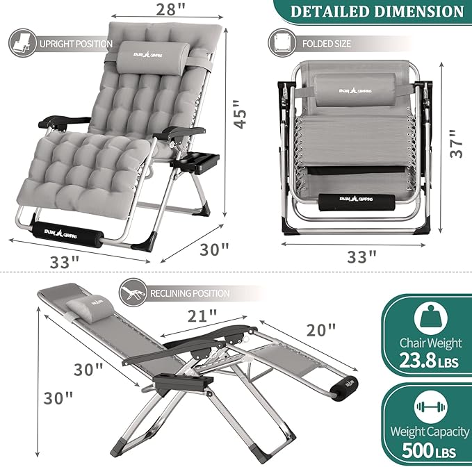 UDPATIO Oversized Zero Gravity Chair Set of 2, 33In XXL Patio Reclining Chair - Image 3