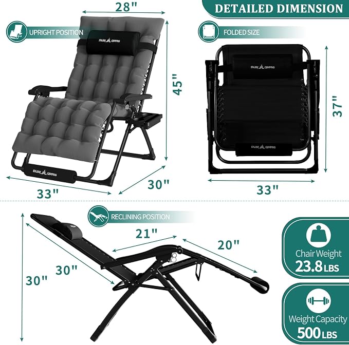 UDPATIO Oversized Zero Gravity Chair Set of 2, 33In XXL Patio Reclining Chair - Image 3