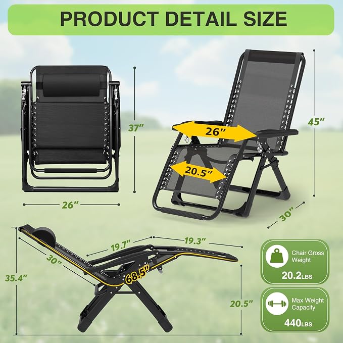 Suteck Zero Gravity Chair, Reclining Camping Lounge Chair w/Removable Cushion - Image 3