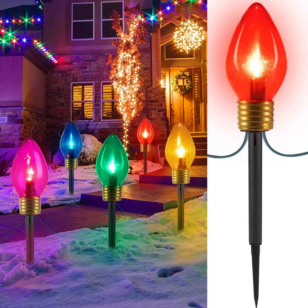 Jumbo C9 Christmas Lights Outdoor Decoration Lawn with Pathway Marker Stake | 8 Feet 5 LED C9 Pathway Lights Covered Multicolor Bulb, Connectable Waterproof Christmas Outside Decorations for Holiday Yard
