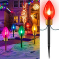 Jumbo C9 Christmas Lights Outdoor Decoration Lawn with Pathway Marker Stake | 8 Feet 5 LED C9 Pathway Lights Covered Multicolor Bulb, Connectable Waterproof Christmas Outside Decorations for Holiday Yard