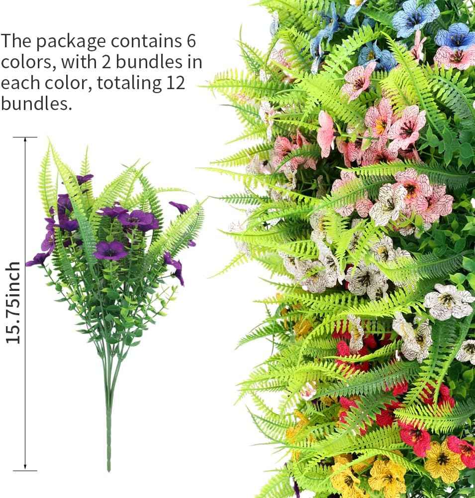 ZEOSTARO Artificial Outdoor Plants 12 Bundles Fake Boston Fern with Eucalyptus Flowers Faux UV Resistant Greenery Garden Window Box Porch Farmhouse Hanging Decor(Mix Flowers&Fern)