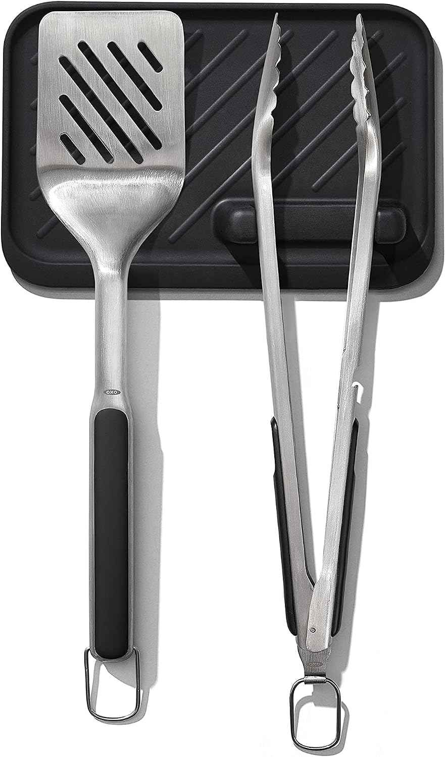 OXO Outdoor 3 Piece Grilling Tool Set | Set Includes Stainless Steel Turner, Scalloped Tongs and Tool Rest, Ideal for Grilling and BBQ