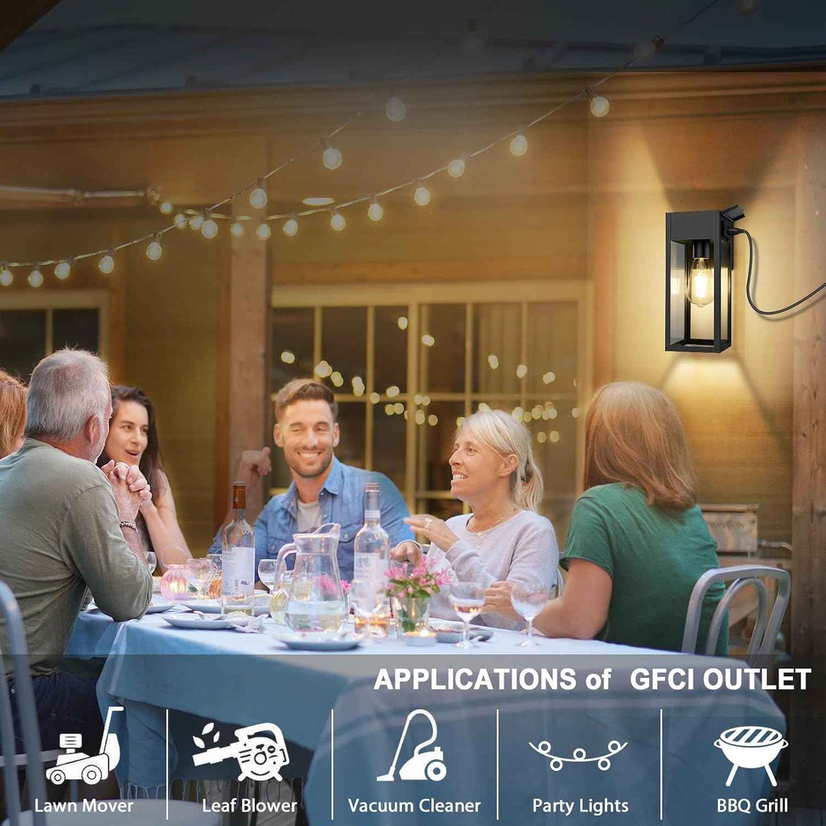 Porch Lights with GFCI Outlet, Outdoor Wall Light Fixtures 2-Pack | Anti-Rust, Waterproof, Tempered Glass, Easy Installation, E26 Socket, Exterior Lighting Sconces for House Garage, Black
