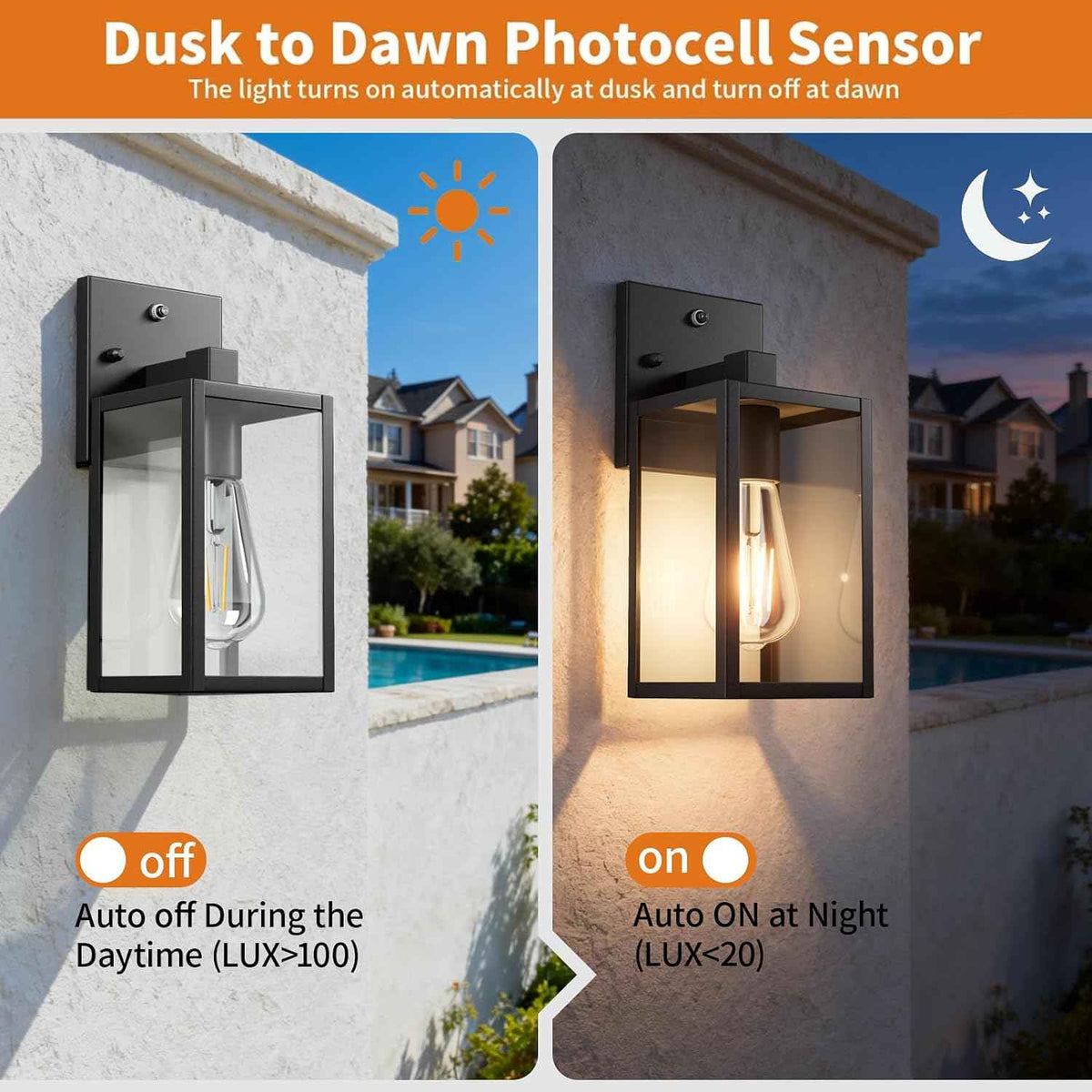 Dusk to Dawn Outdoor Porch Lighting Fixtures Wall Mount, Sensor Exterior Wall Light for House, Ouside Lantern Lamp, Waterproof Wall Sconce Lights, Black Metal Coach Light for Garage Entryway