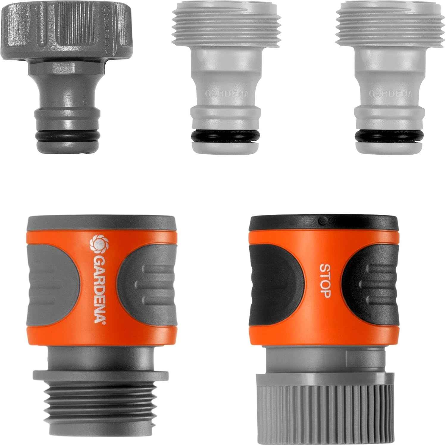 GARDENA (18270-81) 5-Piece Quick Connect Hose Fittings: Garden Hose Quick Connect Kit for 5/8 Inch or 1/2 Inch Hose - Quickly Connect Garden Hoses, Sprinklers, Spray Nozzles, and Accessories.