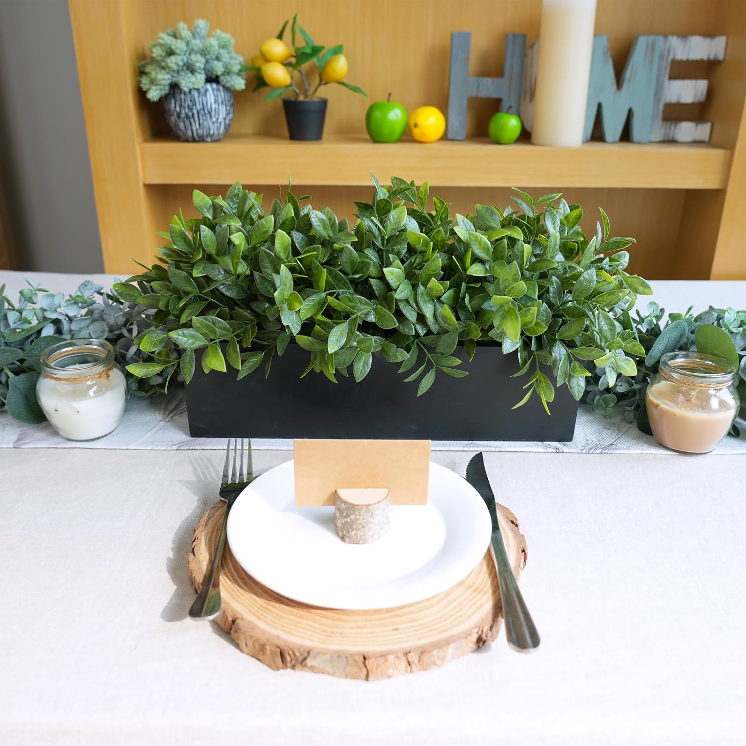 Winlyn 14" Artificial Boxwood Plant Greenery Arrangement Faux Boxwood in Black Rectangular Wooden Planter Potted Herb Plant for Farmhouse Home Decor Wedding Windowsill Mantel Shelf Table Centerpiece