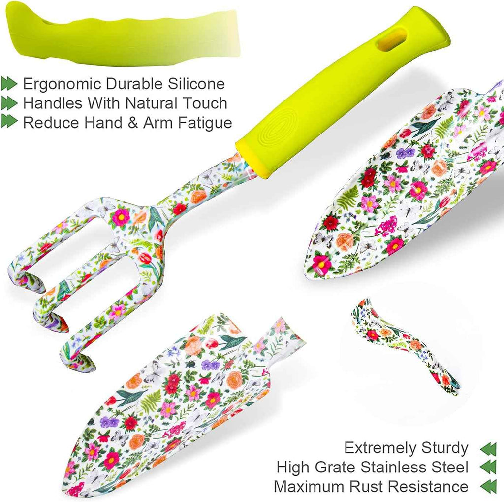 Garden Tool Set 9 Piece Heavy Duty Aluminum Gardening Hand Tools Kit Cute Gardening Supplies with Non-Slip Rubber Grip Gift for Women/Parent