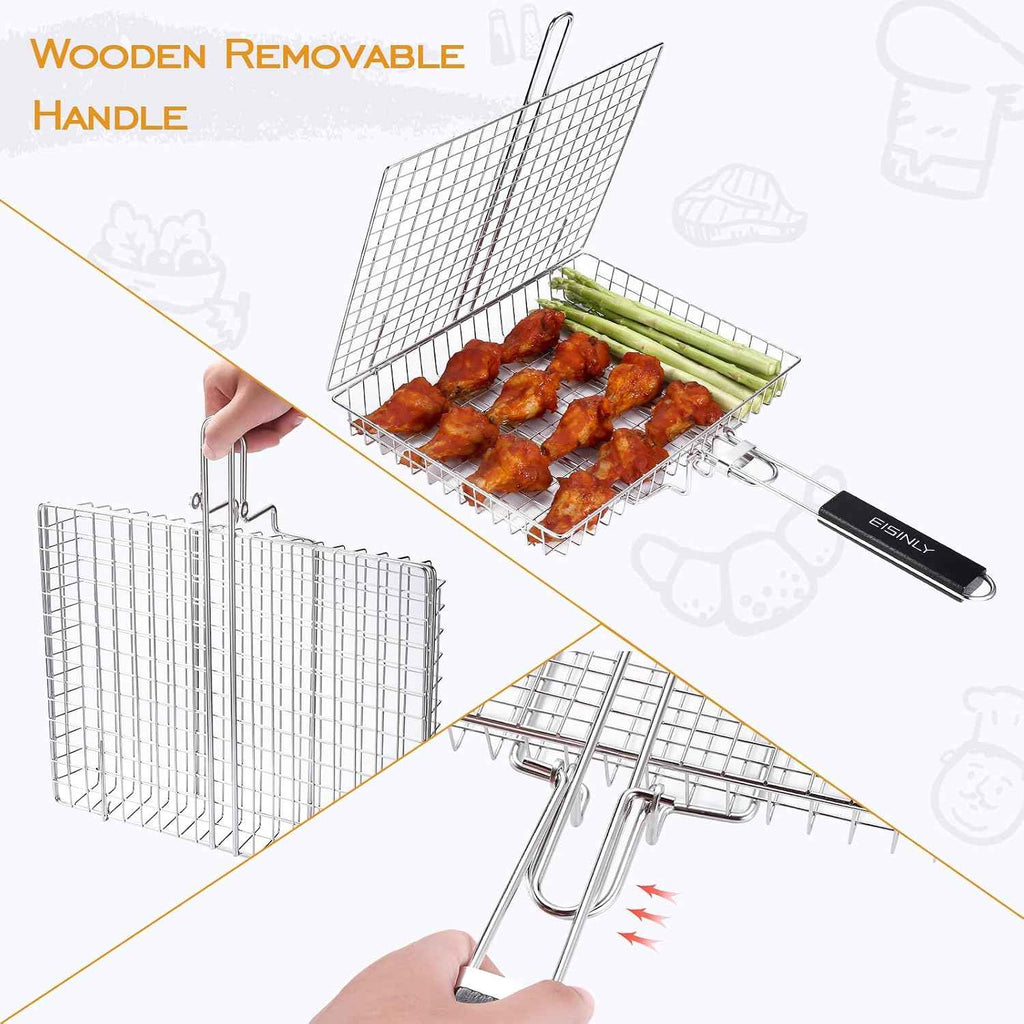 Eisinly BBQ Grilling Basket for Outdoor Grill with Removable Handle | Portable Grill Basket, Stainless Steel Camping Cooking Grill Accessories for Chicken Fish Vegetable, Easy to Clean