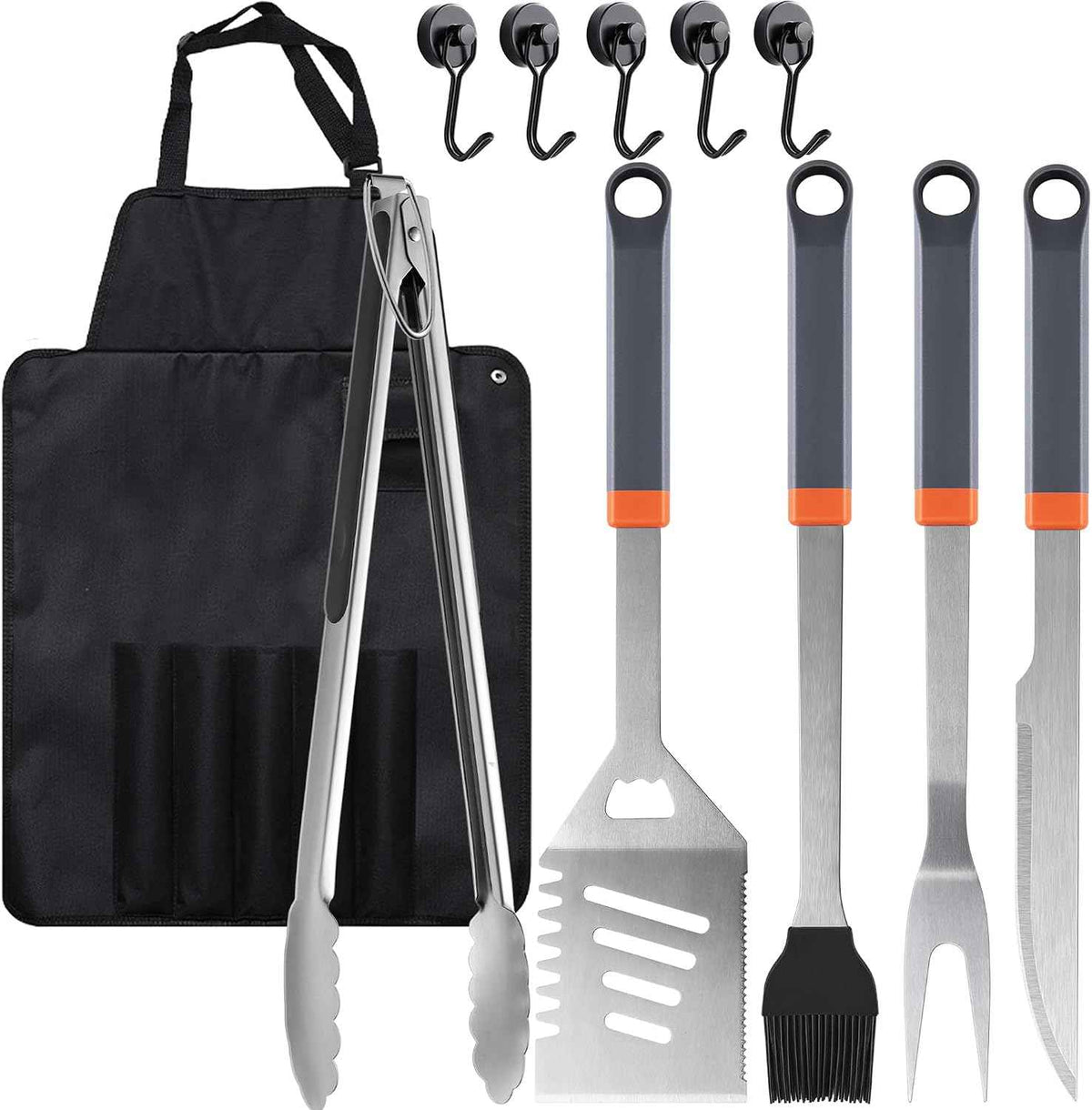 11-Piece Grill Tools Set, BBQ Grilling Accessories with Tongs & Spatua | Stainless Steel Portable Grill Tools Kit with Hooks & Apron Storage Bag for Camping, Grilling Gifts for Men Dad