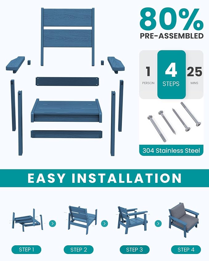 SERWALL 4 Piece HDPE Outdoor Furniture Set, All Weather Wood-Like Outdoor Sofa - Image 7