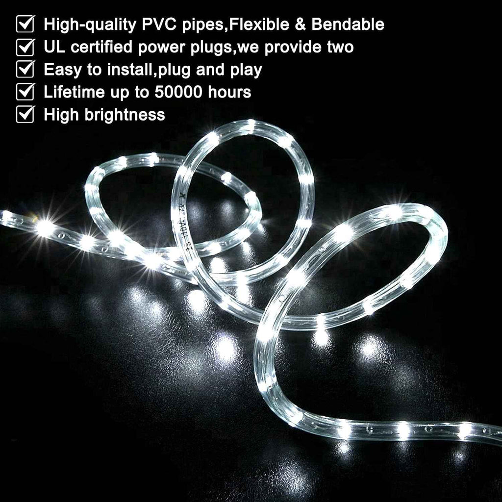 SURNIE Rope Lights Outdoor Waterproof Daylight White: LED 50FT Cuttable Outside Bright 110V Lighting Connectable Flexible Plug Cool Clear Tube, Indoor Deck Patio Xmas Camping Decor, Not Flat Strip
