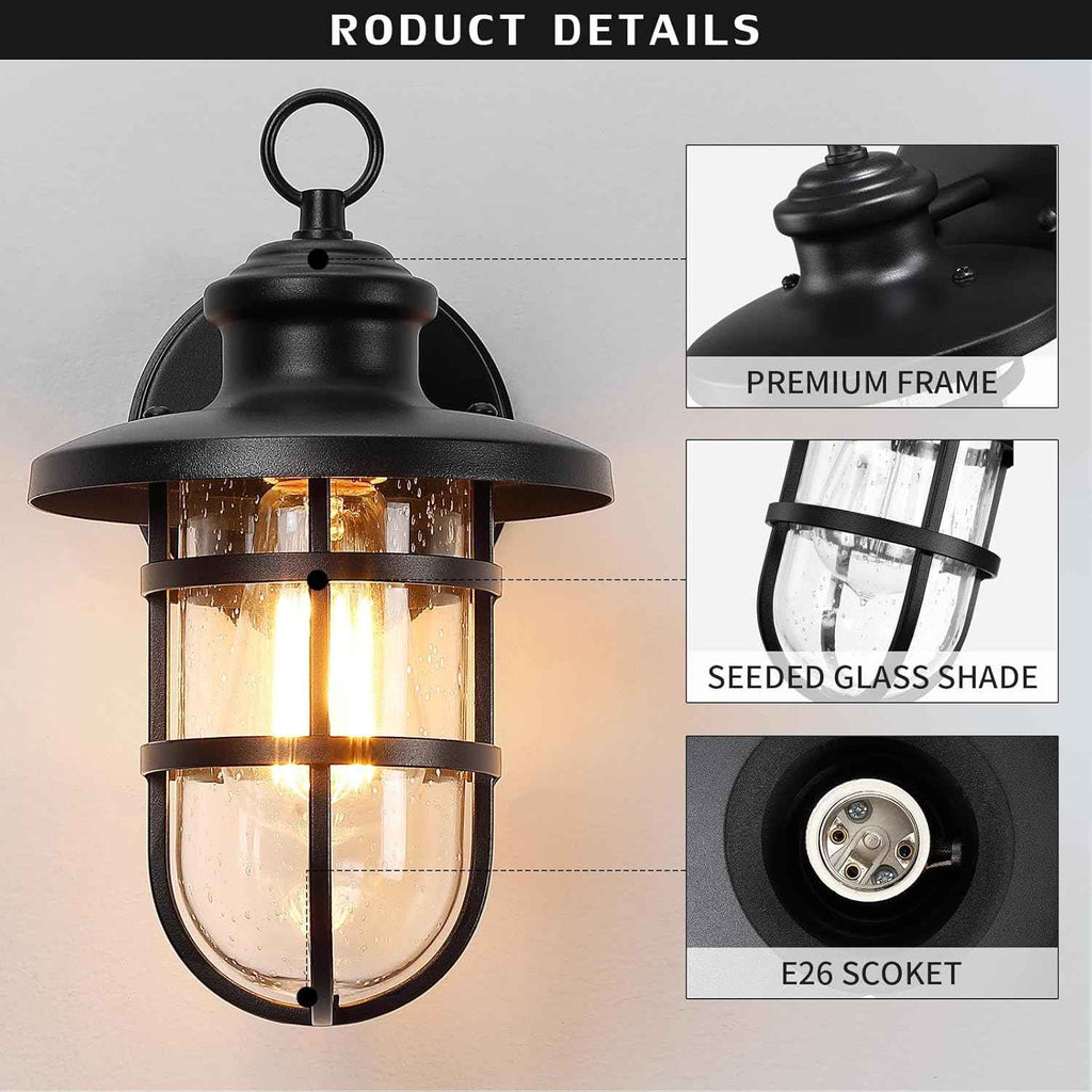 Outdoor Wall Lights Set of 2, Porch Light Fixtures with Seeded Glass | Rustic Coastal style, Industrial Nautical Metal Cage, E26 Base, Waterproof, Anti-Rust, Weather-Resistant, for Patio Garage